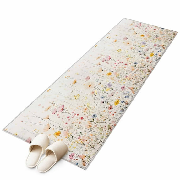 Spring Flowers 2'x6' Runner Rug, Watercolor Wildflowers Farmhouse Floral Washable Non-Slip Area Rugs for Hallway Kitchen Floor Bedroom Entryway, Laundry Carpet Decoration Indoor Mat