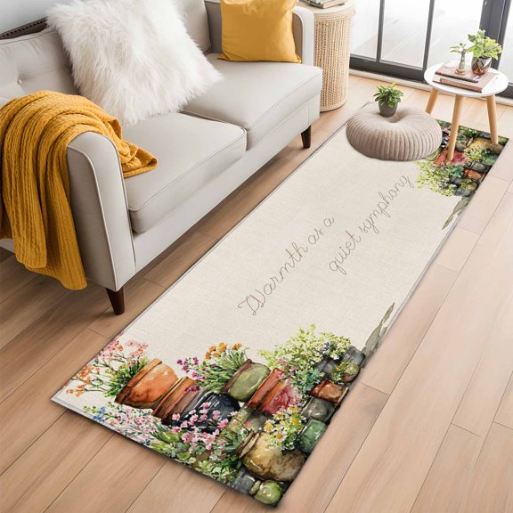 Spring Flowers 2'x6' Runner Rugs for Hallway Kitchen Bedside Non Slip Washable, Botanical Blossom Floral Pot Plants Entryway Rug Runners with Rubber Backing, Long Carpet Runner for Laundry Room