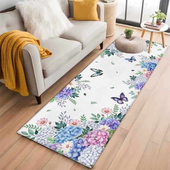 Spring Flowers 2'x6' Runner Rugs for Hallway Kitchen Bedside Non Slip Washable, Watercolor Floral Butterflies Botanical Entryway Rug Runners with Rubber Backing, Long Carpet Runner for Laundry Room