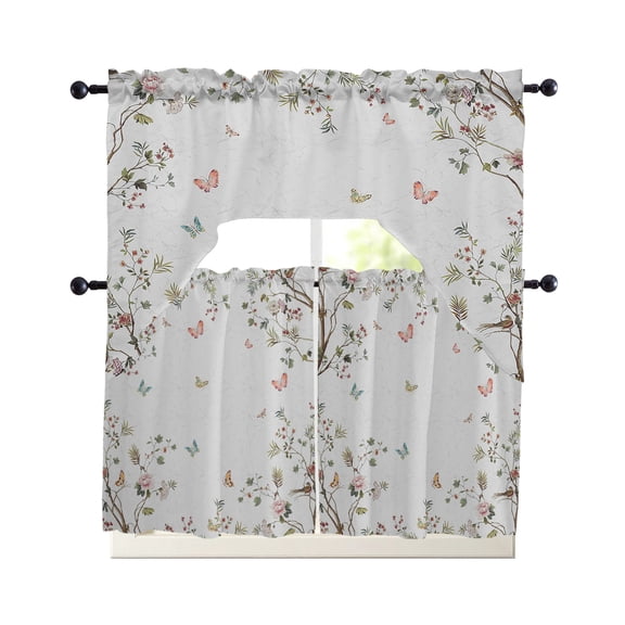 Spring Flowers 3 Piece Swag Kitchen Curtains Set Valance and Tier Curtains 24 Inches Long, 56" x 36" Window Topper Floral Butterfly Tree Leaves Branch for Cafe Bathroom Bedroom
