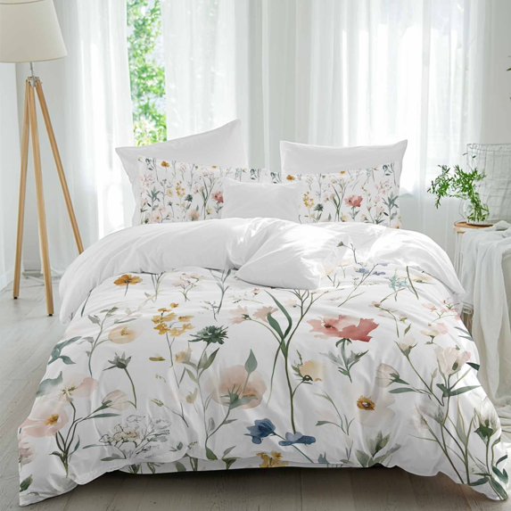 Spring Flowers 4 Piece Duvet Cover Set Queen Size Watercolor Colored Floral Garden Soft Bedding Set Comforter Cover, 1 Duvet Cover 1 Flat Sheets and 2 Pillowcases