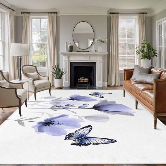 Spring Flowers 6'x9' Area Rug for Living Room, Pastoral Purple Butterfly Floral Plants Non-Slip Floor Mat Rugs for Bedroom Dining Room, Indoor Large Carpet for Classroom, Nursery Rugs for Playroom