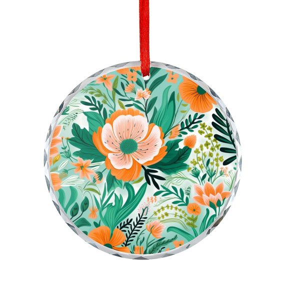 Spring Flowers Abstract Pattern Crystal Glass Christmas Ornament Vivid Spring Floral Round Ornament Hanging Craft Collectibles for Xmas Trees Home Party Gifts