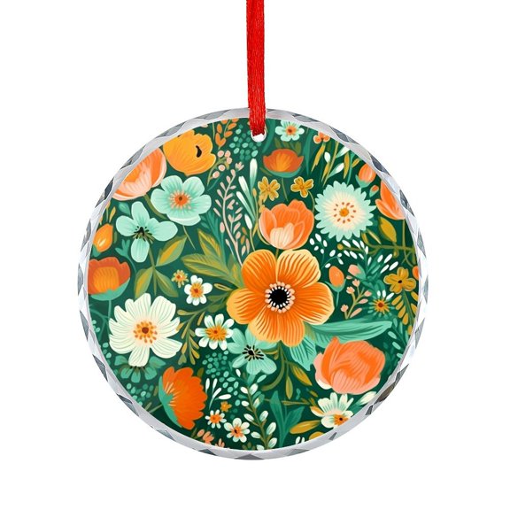 Spring Flowers Abstract Pattern Glass Ornament Hanging Craft Collectibles for Xmas Trees Home Party Gifts Spring Floral Flowers Summer Round Shaped Glass Ornament