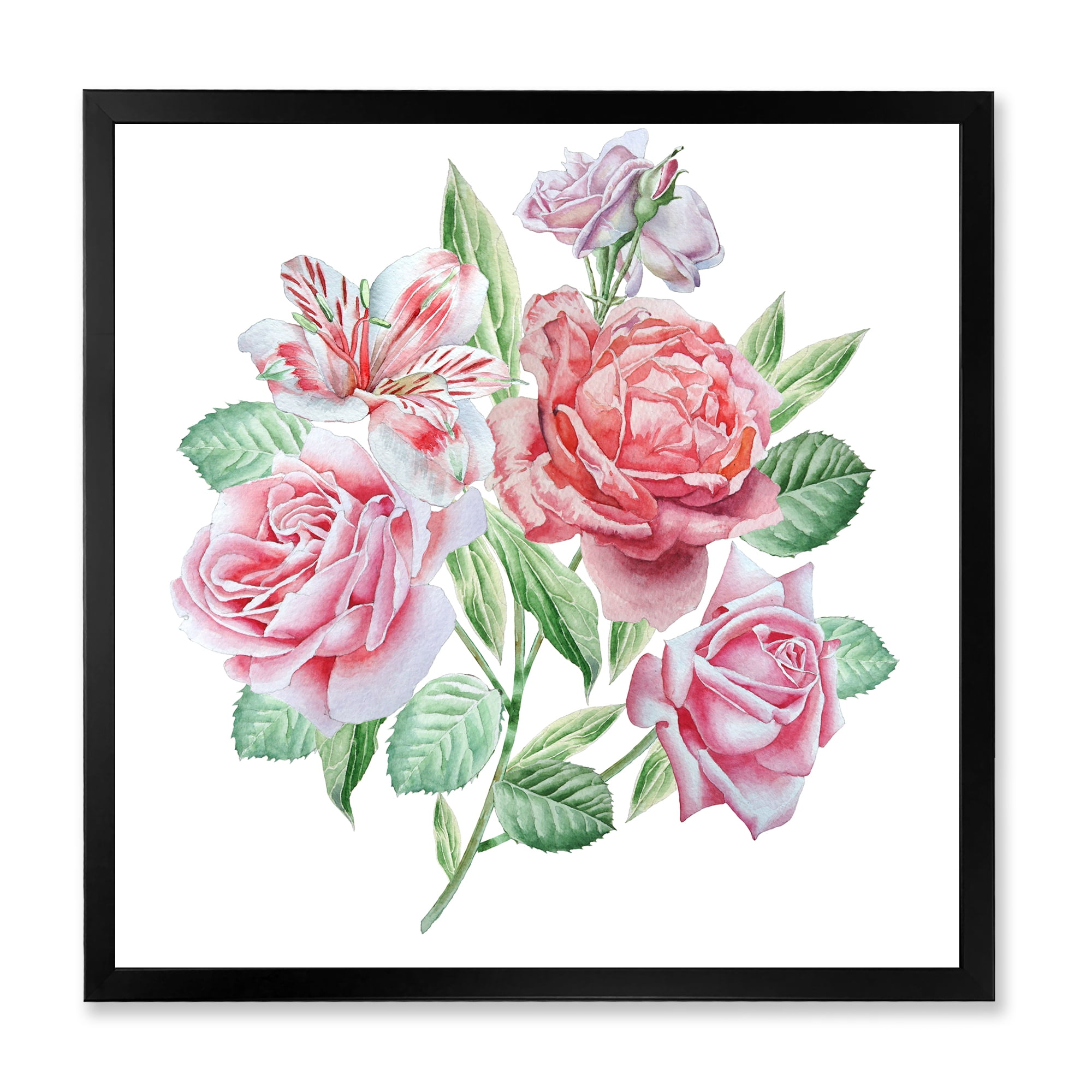 Spring Flowers Alstroemeria Pink Roses 16 in x 16 in Framed Painting Canvas Art Print, by Designart