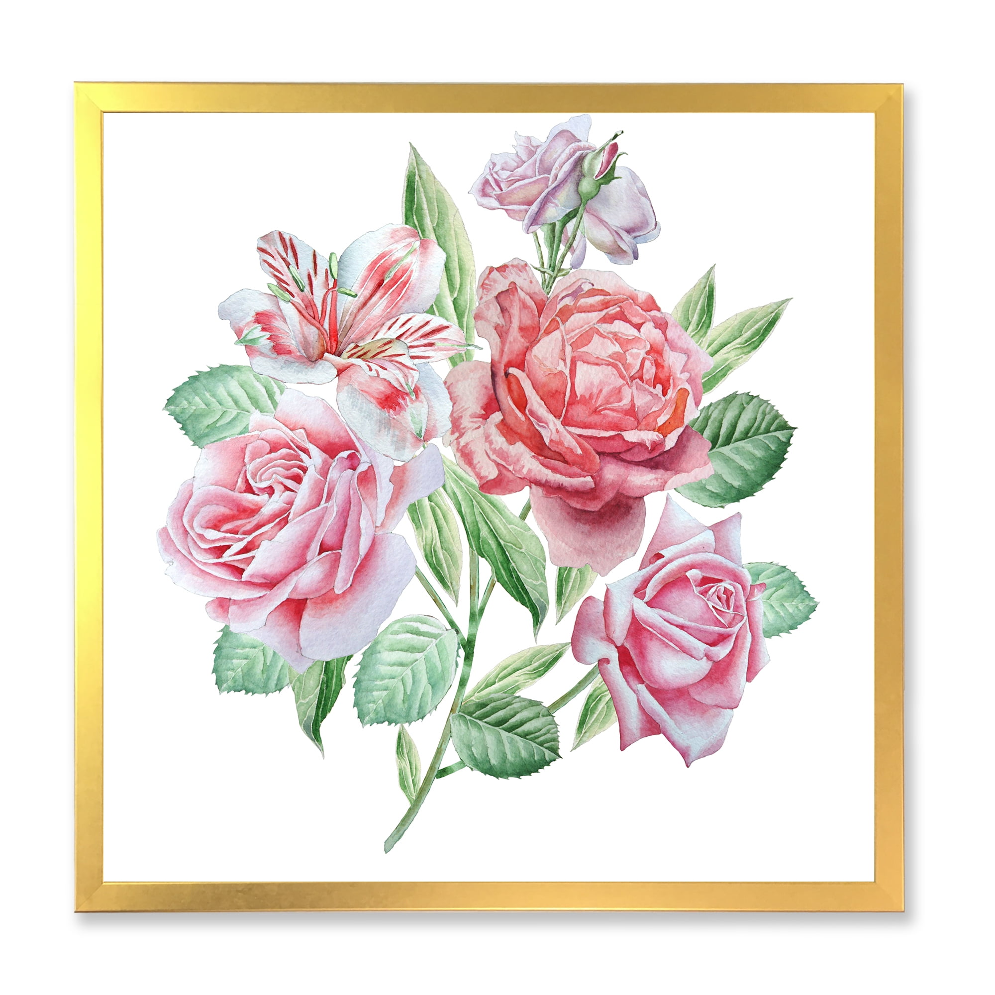 Spring Flowers Alstroemeria Pink Roses 16 in x 16 in Framed Painting Canvas Art Print, by Designart