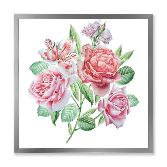 Spring Flowers Alstroemeria Pink Roses 36 in x 36 in Framed Painting Canvas Art Print, by Designart