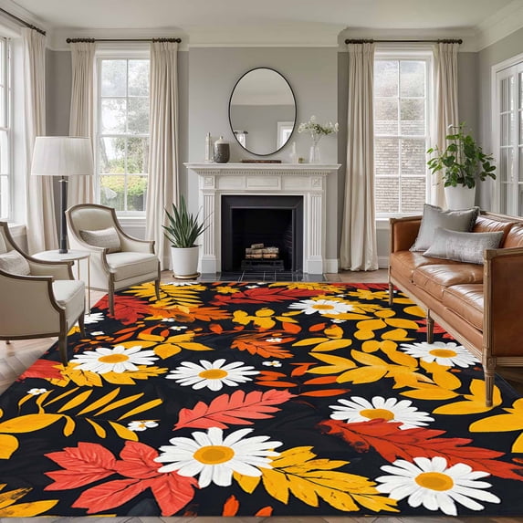 Spring Flowers Area Rug 6x9 FT, Non Slip Living Room Throw Carpet, Orange Red White Daisy Flower Floral Washable Soft Large Floor Carpet Non-Shedding Rug for Bedroom Dining Room Play Room