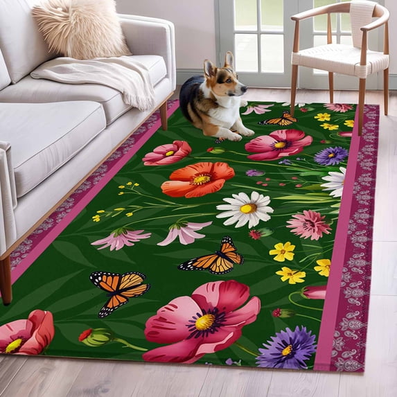 Spring Flowers Area Rugs 3'x5', Washable Small Throw Rugs for Living Room Bedroom, Purple Boho Farmhouse Botanical Florals Indoor Outdoor Rug Non-Slip Low Pile Carpet Runner Reversible Floor Mats