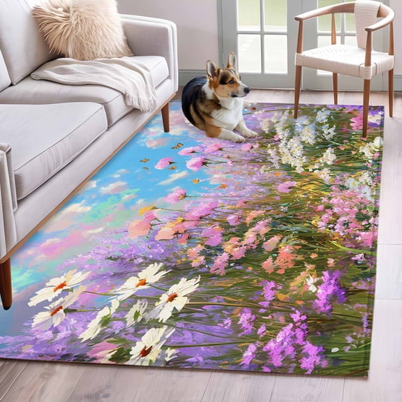 Spring Flowers Area Rugs 3x5 ft Oil Painting Pink Purple White Lavender Floral Blue Sky Washable Rug Non Slip Indoor Carpet Absorbent Floor Mat for Living Room Bedroom Dining Room