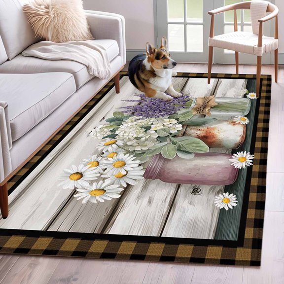 Spring Flowers Area Rugs 4x6 ft Daisy Lavender Bouquet Retro Wood Brown Plaid Washable Rug Non Slip Indoor Carpet Absorbent Floor Mat for Living Room Bedroom Dining Room