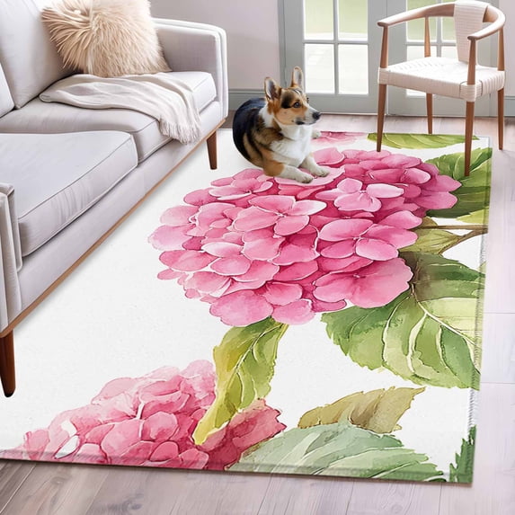 Spring Flowers Area Rugs 4x6 ft Pink Hydrangea Watercolor Leaf Washable Rug Non Slip Indoor Carpet Absorbent Floor Mat for Living Room Bedroom Dining Room