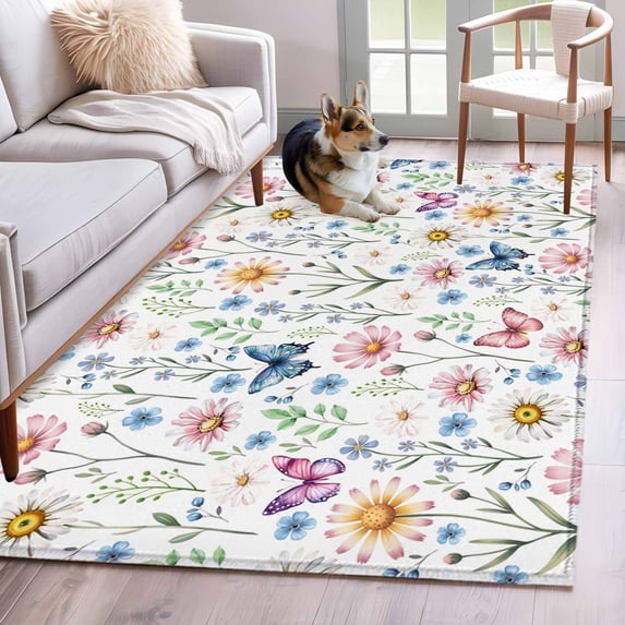 Spring Flowers Area Rugs 4x6 ft Watercolor Pink Yellow Blue Floral Leaf Butterfly Washable Rug Non Slip Indoor Carpet Absorbent Floor Mat for Living Room Bedroom Dining Room