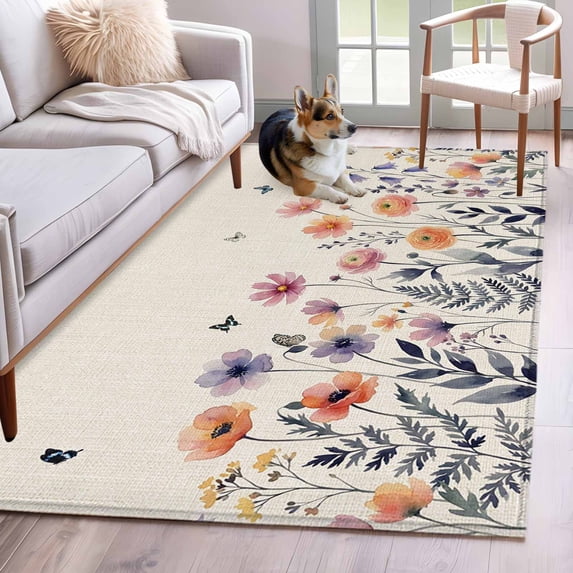 Spring Flowers Area Rugs 4x6 ft Watercolors Pink Purple Flower Butterflies Vintage Linen Washable Rug Non Slip Indoor Carpet Absorbent Floor Mat for Living Room Bedroom Dining Room