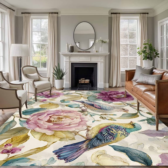 Spring Flowers Area Rugs 5'x8', Washable Small Throw Rugs for Classroom Bedroom, Farmhouse Botanical Blossom Floral Birds Indoor Outdoor Rug Non-Slip Low Pile Carpet Runner Reversible Floor Mats