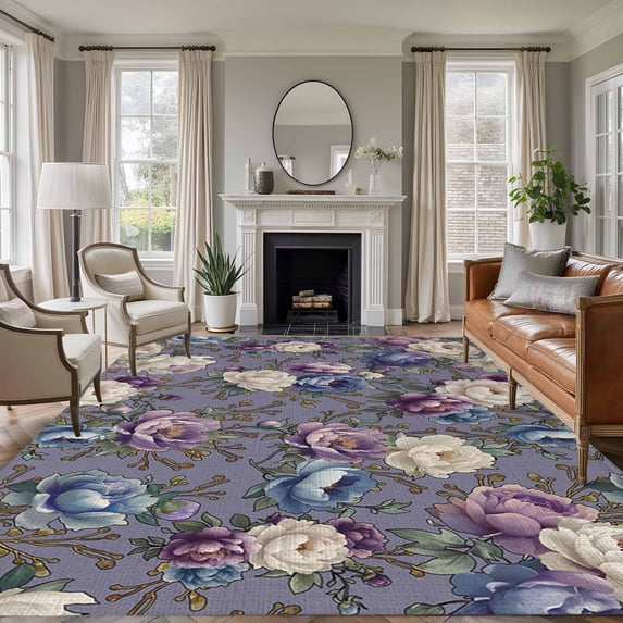 Spring Flowers Area Rugs 5'x8', Washable Small Throw Rugs for Classroom Bedroom, Farmhouse Retro Botanical Purple Blue Floral Indoor Outdoor Rug Non-Slip Low Pile Carpet Runner Reversible Floor Mats