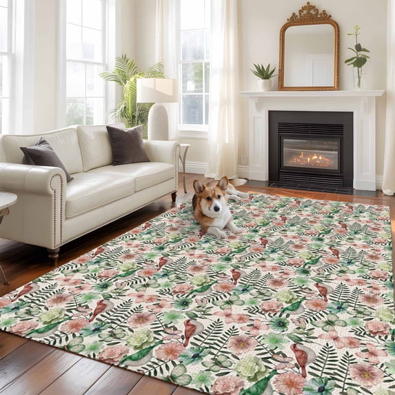 Spring Flowers Area Rugs 5x7 ft Vintage Hummingbird Butterflies Green Flower Washable Rug Non Slip Indoor Carpet Absorbent Floor Mat for Living Room Bedroom Dining Room