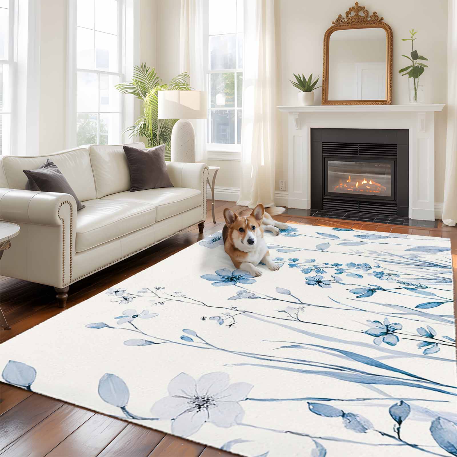Fairview Spring Blue Rug Spring Flowers Area Rugs 5x7 ft Watercolor Light Blue Floral Leaf Plant ...
