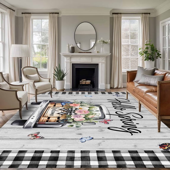 Spring Flowers Area Rugs 8'x10', Washable Small Throw Rugs for Living Room Patio, Farmhouse Truck Black Plaid Wood Grain Indoor Outdoor Rug Non-Slip Low Pile Carpet Runner Reversible Floor Mats