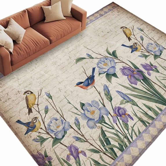 Spring Flowers Area Rugs Collection 5'x7', Vintage Floral Leaves Birds Pastoral Botanical Non Slip Indoor Rectangle Throw Runner Rug Floor Mat Carpet for Living Room Dining Table Bedroom Nursery