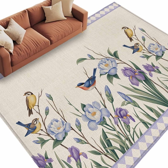 Spring Flowers Area Rugs Collection 5'x8', Vintage Floral Leaves Birds Farmhouse Plaid Non Slip Indoor Rectangle Throw Runner Rug Floor Mat Carpet for Living Room Dining Table Bedroom Nursery