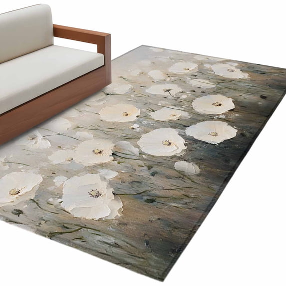 Spring Flowers Area Rug 2.7x5ft Oil Painting Style Abstract Beige Floral Non-Slip Washable Square Rugs Soft Felt Indoor Floor Mat for Bedroom Kitchen Living Room Bathroom