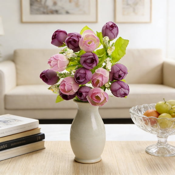 Spring Flowers Artificial For Decoration,Faux Roses Bouquet 9inch Artificial Mini Roses Flower with Stems Colorful Fabric Rose Branches for Wedding Spring Home Office Decoration (Purple)