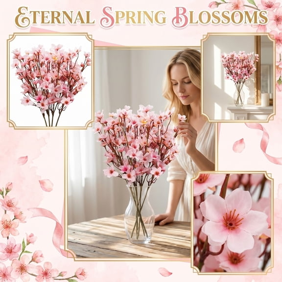 Spring Flowers Artificial for Decoration Pink Faux Cherry Blossom Stems Silk Flower Bouquet for Home Indoor Outdoor Vase Arrangements