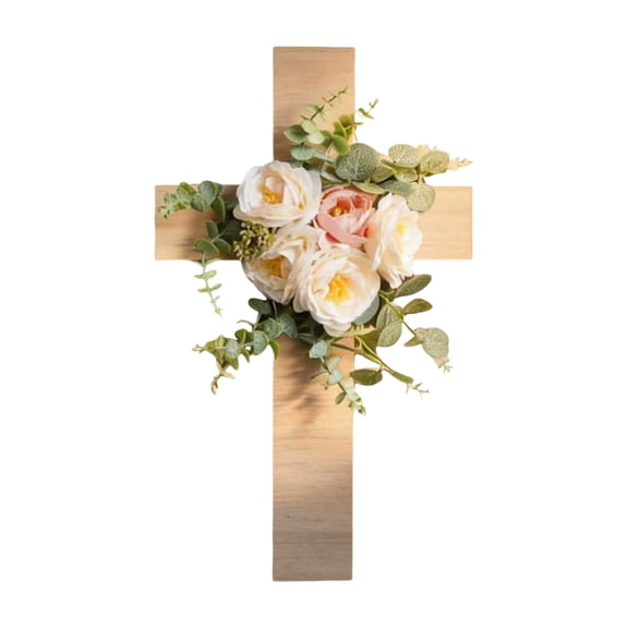 Spring Flowers Artificial for Decoration Wooden Cross 44x22cm with Easter Blooms, Easter Flowers Artificial for Decoration Centerpiece