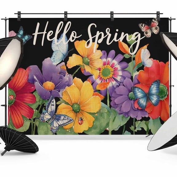 Spring Flowers Backdrop for Photography,Fabric Photo Background Backdrop,Watercolor Country Colorful Floral Black Photo Booth Background for Portrait Photoshoot Video Wedding Studio Banner 7x5ft