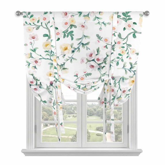 Spring Flowers Balloon Curtains 63 Inch Length for Living Room/Bedroom, Yellow Pink Floral Leaves Country Farm Plants Rod Pocket Privacy Door Curtains Decorative Tie Up Shade for Window 52"x63"