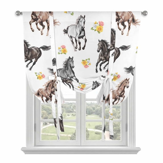 Spring Flowers Balloon Curtains for Living Room/French Door, Black Brown White Horse Country Vintage Tie Up Curtains 63 Inch Length Energy Saving Kitchen Curtains Shades for Windows 42"x63"