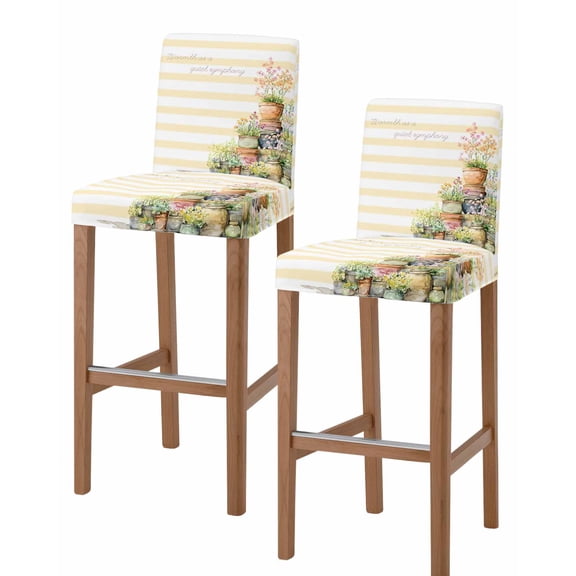 Spring Flowers Bar Stool Covers Set of 2, Country Botanical Budding Floral Pot Stripes Stretch Bar Chair Covers with Backs, Removable Pub Counter Height Chair Cover for Kitchen Dining Room Cafe