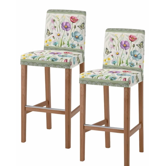 Spring Flowers Bar Stool Covers Set of 2, Retro Boho Botanical Florals Butterfly Stretch Washable Bar Chair Covers with Backs, Removable Pub Counter Height Chair Cover for Kitchen Dining Room Cafe
