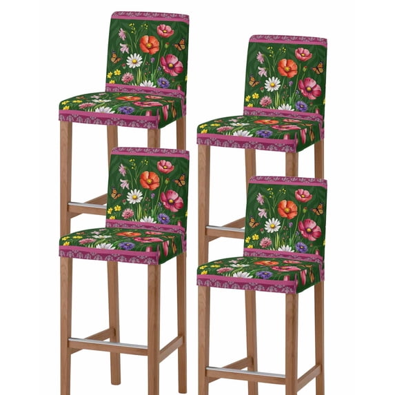 Spring Flowers Bar Stool Covers Set of 4, Purple Boho Farmhouse Botanical Florals Stretch Washable Bar Chair Covers with Backs, Removable Pub Counter Height Chair Cover for Kitchen Dining Room Cafe