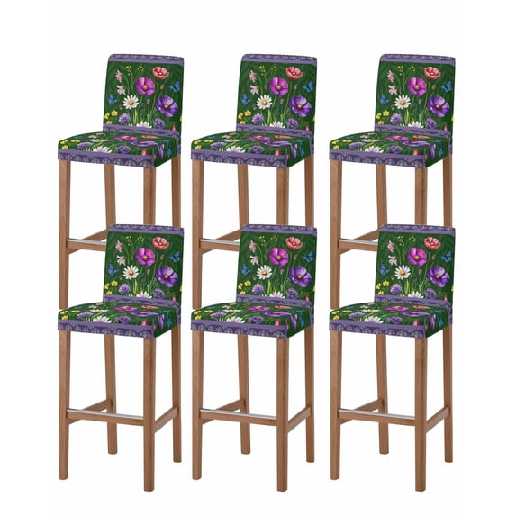 Spring Flowers Bar Stool Covers Set of 6, Boho Botanical Budding Garden Florals Stretch Washable Bar Chair Covers with Backs, Removable Pub Counter Height Chair Cover for Kitchen Dining Room Cafe