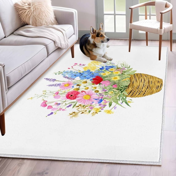Spring Flowers Basket Area Rugs 4'x6', Washable Small Throw Rugs for Office Bathroom, Colorful Floral Botanical Leaves Indoor Outdoor Rug Non-Slip Low Pile Carpet Runner Reversible Floor Mats