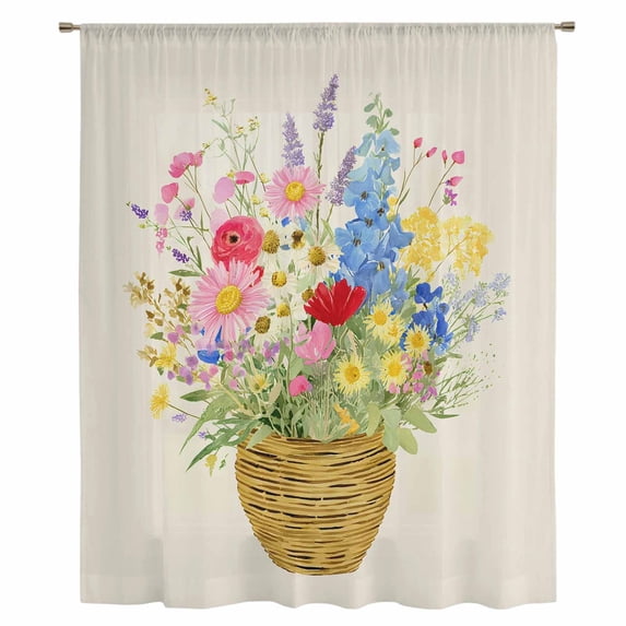 Spring Flowers Basket Sheer Curtains 108" Extra Long, Vintage Colorful Floral Light Filering Curtains, Privacy Drapes Simi Floor to Veiling Curtain for Living Room Bedroom Large Window Treatment