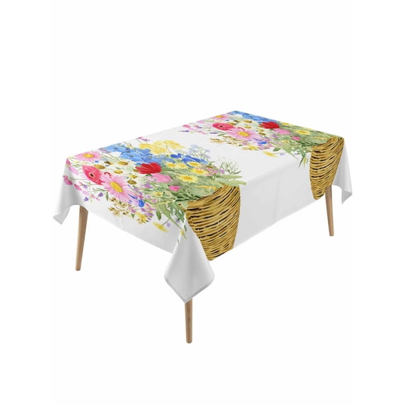 Spring Flowers Basket Table Cloth, Waterproof Tablecloth for Rectangle Tables, Colorful Floral Botanical Leaves Reusable Washable Fabric Table Cover for Restaurant Kitchen Dining Tables 60"x120"