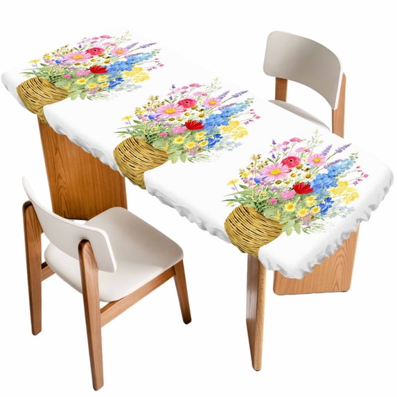 Spring Flowers Basket Table Cloths for 8 Foot Rectangle Tables, Colorful Floral Botanical Leaves Patio Waterproof Elastic Fitted Tablecloths, Washable Rectangular Table Cover for Camping