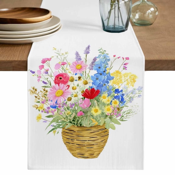 Spring Flowers Basket Table Runner, Colorful Floral Botanical Leaves Washable Cotton Linen Table Runners 48 Inches Long, Dresser Scarf Runner for Nightstand/Coffee/End Tables 13''x48''