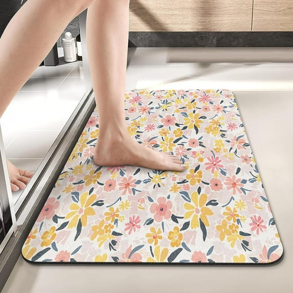 Spring Flowers Bath Mat for Bathroom, Yellow and Pink Flowers Quick Dry and Super Absorbent Bath Mat Rugs, Non Slip Rubber Backing Floor Mat 17x30 Inches for Kitchen Bedroom Indoor