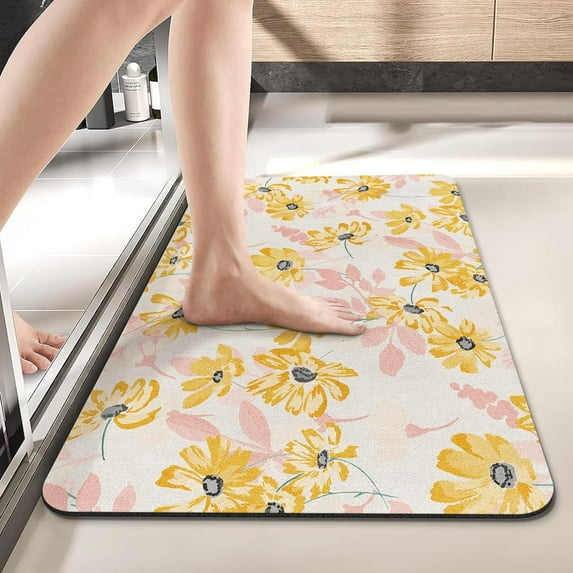 Spring Flowers Bath Mat for Bathroom, Yellow Flowers with Pink Leaves Quick Dry and Super Absorbent Bath Mat Rugs, Non Slip Rubber Backing Floor Mat 17x30 Inches for Kitchen Bedroom Indoor