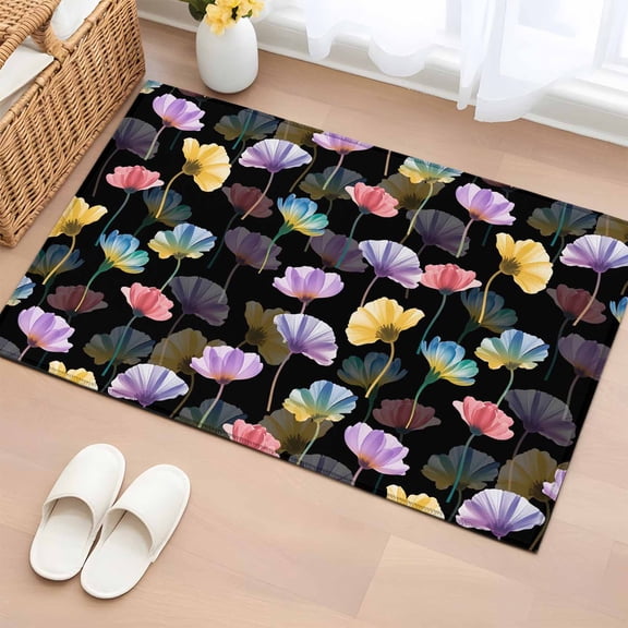 Spring Flowers Bathroom Rug Washable 2x3 Entryway Rug Non Slip Watercolor Floral Vintage Black Front Door Mat Low Pile Indoor Doormat Throw Floor Carpet for Kitchen Bedroom Entrance