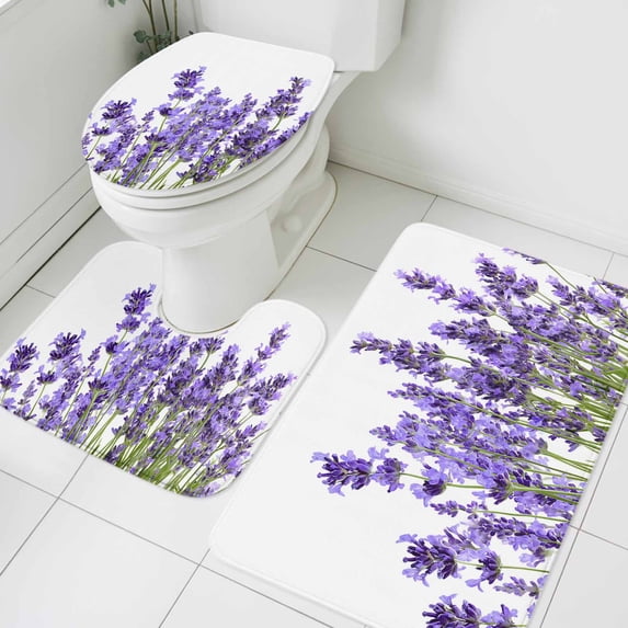 Spring Flowers Bathroom Rugs Set Country Watercolor Purple Lavender Floral Leaf Plant Non Slip Absorbent Soft Bath Mats 3 Piece Set with Bathroom Rug, U-Shaped Floor Mat, Toilet Seat Cover Small Size