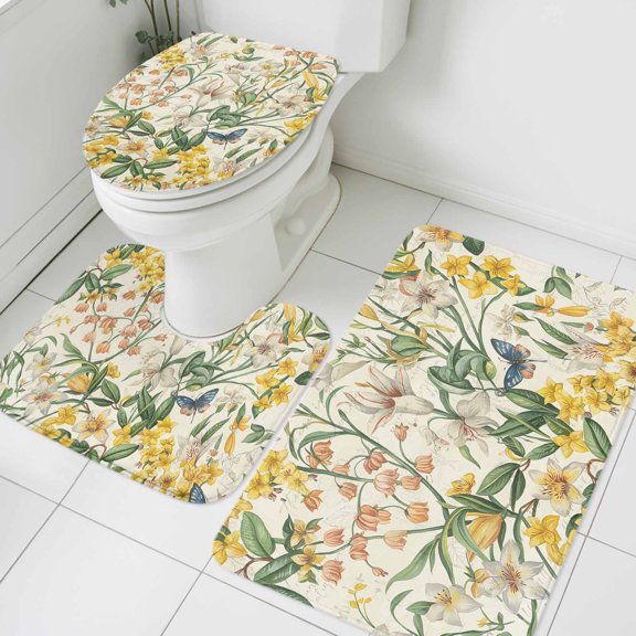 Spring Flowers Bathroom Rugs Set Oil Painted Yellow White Floral Leaf Butterfly Beige Background Non Slip Absorbent Bath Mats 3 Piece Set, U-Shaped Floor Mat, Toilet Seat Cover Small Size