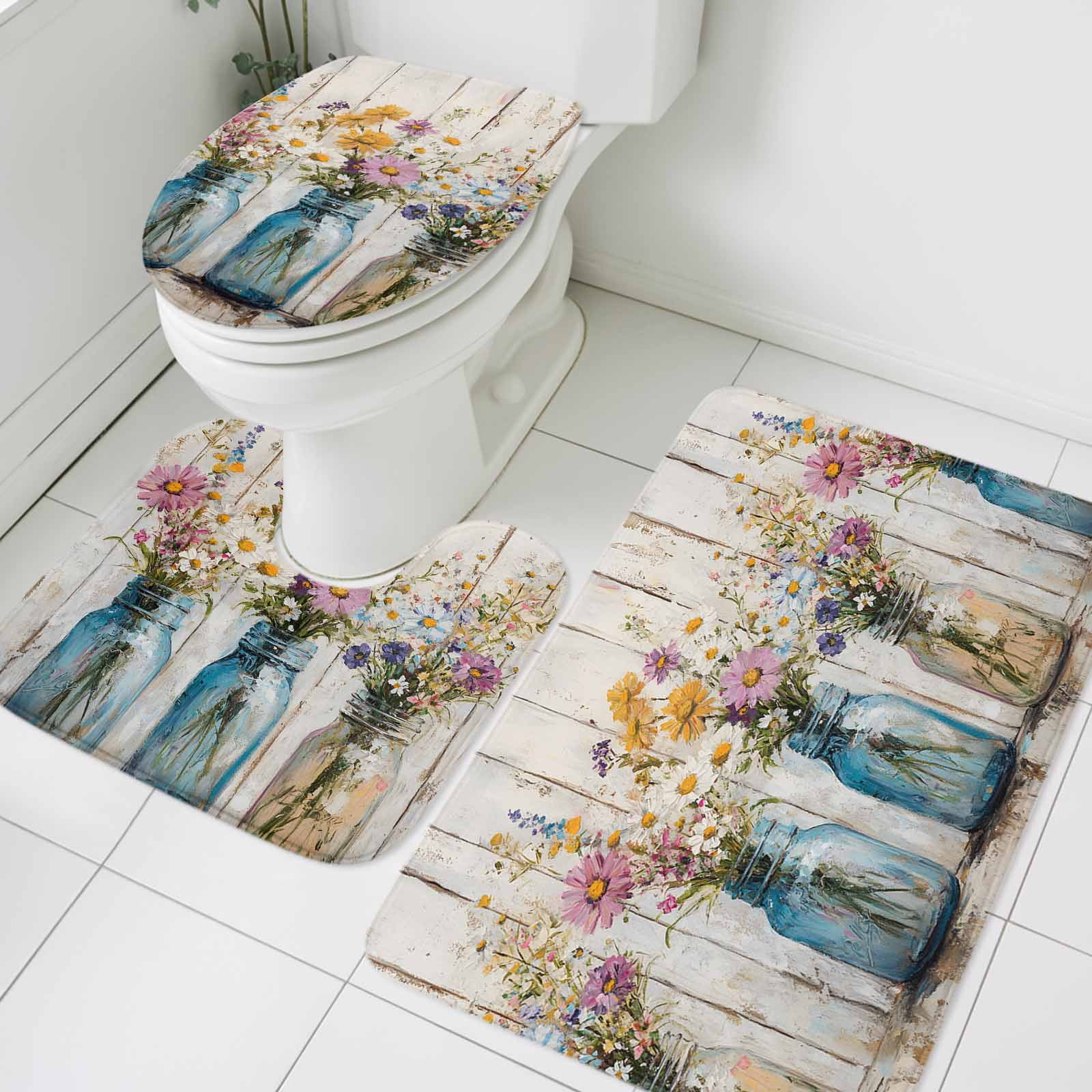 Spring Rug Painted Spring Flowers Bathroom Rugs Set Retro Oil Painting Style Floral Wood ...