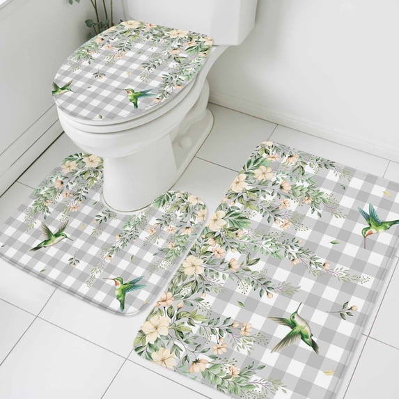 Spring Flowers Bathroom Rugs Set Watercolor Beige Floral Falling Green Leaf Birds Grey Plaid Non Slip Absorbent Bath Mats 3 Piece Set, U-Shaped Floor Mat, Toilet Seat Cover Small Size