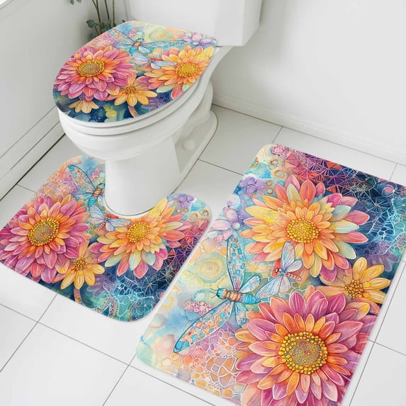 Spring Flowers Bathroom Rugs Set Watercolor Pink Floral Blue Dragonfly Colorful Floral Texture Non Slip Absorbent Bath Mats 3 Piece Set, U-Shaped Floor Mat, Toilet Seat Cover Large Size