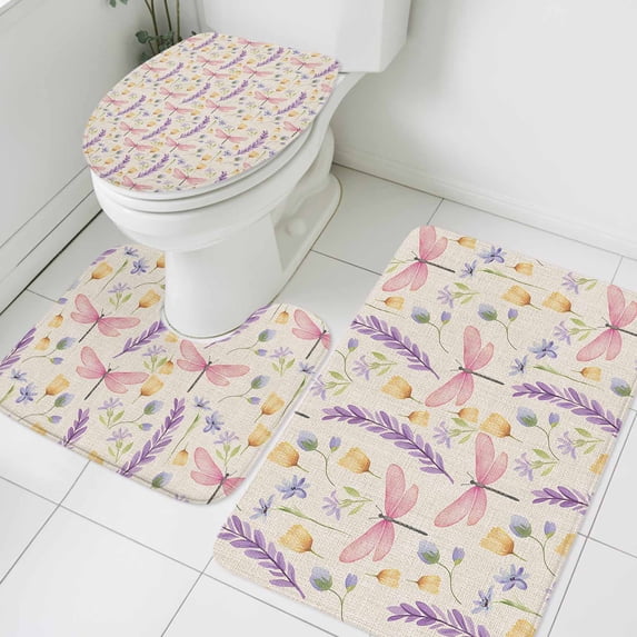 Spring Flowers Bathroom Rugs Set Watercolor Purple Yellow Floral Purple Dragonfly Linen Texture Non Slip Absorbent Bath Mats 3 Piece Set, U-Shaped Floor Mat, Toilet Seat Cover Small Size